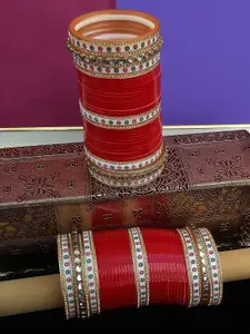 LUCKY JEWELLERY Gold-Toned & Red Stone Studded Chura Bangle Set