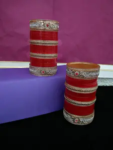 LUCKY JEWELLERY Red Stone-Studded Punjabi Chura Bangle Set