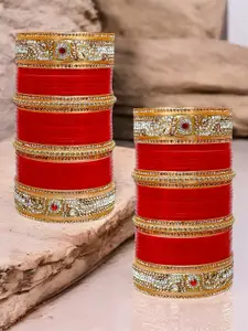 LUCKY JEWELLERY Red Stone-Studded Punjabi Chura Bangle Set