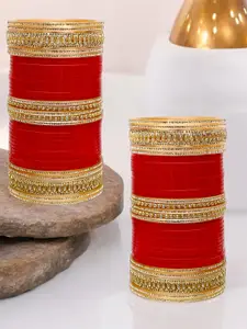 LUCKY JEWELLERY Red Stone-Studded Punjabi Chura Bridal Wedding Bangle Set