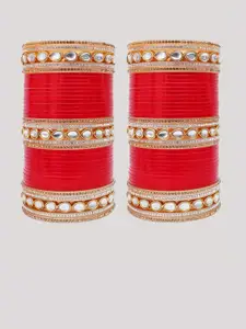 LUCKY JEWELLERY Red & White Stone Studded Bangles Set