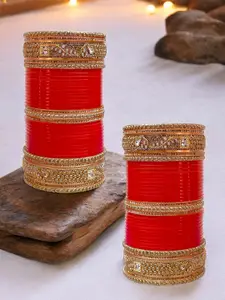 LUCKY JEWELLERY Red Stone-Studded Punjabi Chura Bridal Wedding Bangle Set