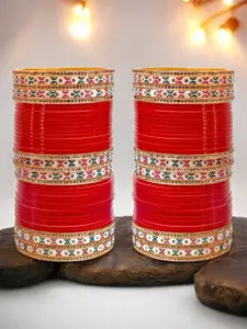 LUCKY JEWELLERY Gold-Toned & Red Stone-Studded Chuda Bangle Set