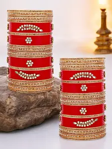 LUCKY JEWELLERY Red Kundan Stone-Studded Punjabi Chura Bridal Wedding Bangle Set
