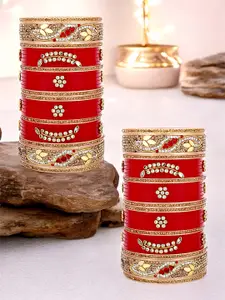 LUCKY JEWELLERY Gold-Toned & Red Stone-Studded Chuda Bangle Set