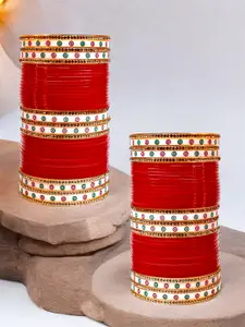 LUCKY JEWELLERY Red & White Stone Studded Bangles Set 2