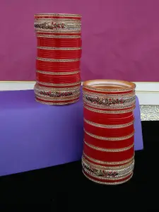 LUCKY JEWELLERY Red Stone-Studded Punjabi Chura Bridal Wedding Bangle Set