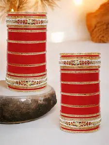 LUCKY JEWELLERY Red Stone-Studded Punjabi Chura Bridal Wedding Bangle Set