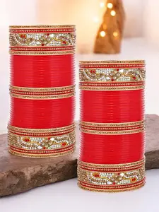LUCKY JEWELLERY Red Stone-Studded Punjabi Chura Bridal Wedding Bangle Set