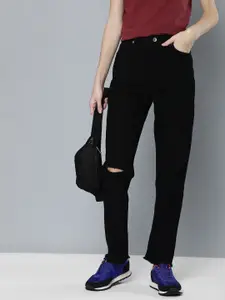 Flying Machine Women Black Straight Fit High-Rise Low Distress Stretchable Jeans
