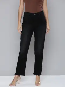 Flying Machine Women Black Straight Fit High-Rise Slash Knee Light Fade Stretchable Jeans