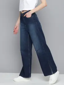 Flying Machine Women Wide Leg High-Rise Slash Knee Light Fade Bootcut Stretchable Jeans