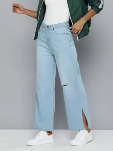 Flying Machine Women Wide Leg High-Rise Slash Knee Heavy Fade Stretchable Jeans