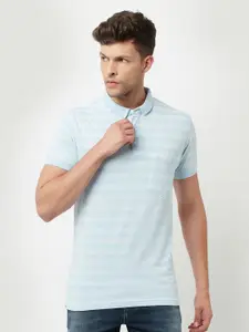 Crimsoune Club Men Blue Striped Polo Collar Slim Fit T-shirt