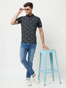 Crimsoune Club Men Navy Blue Floral Printed Polo Collar Slim Fit T-shirt