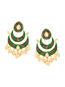 Tistabene Green & Red Gold-Plated Crescent Shaped Chandbalis Earrings