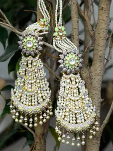 Tistabene Green Contemporary  Floral Kundan Meena Dangler Drop Earrings