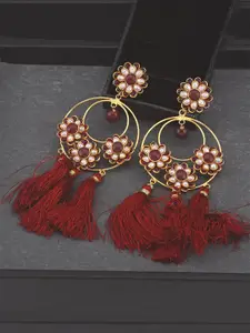 Tistabene Women Red & Gold-Toned Floral Drop Pacchi Work and Tassels Dangler Earrings