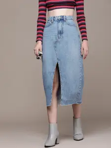 MANGO Washed High Waist Frayed Denim Sustainable Pure Cotton Straight Midi Skirt