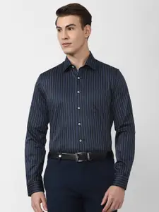Van Heusen Men Navy Blue Striped Cotton Slim Fit Casual Shirt