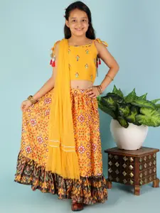 LIL DRAMA Girls Yellow & Green Embellished Ready to Wear Lehenga & Blouse With Dupatta