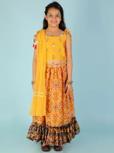 LIL DRAMA Girls Yellow Embellished Sequinned Ready to Wear Lehenga With Choli And Dupatta
