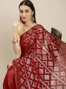 nirja Fab Red Embroidered Sequinned Poly Geogette Saree