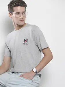 Nautica Men Grey Melange Brand Logo Printed Pure Cotton T-shirt