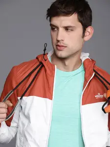 WROGN ACTIVE Men Rust Orange And White Colourblocked Hooded Sporty Jacket