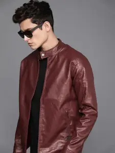 WROGN Men Maroon Textured Biker Jacket