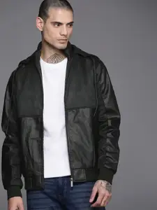 WROGN Men Black Slim-Fit Solid Hooded Biker Jacket