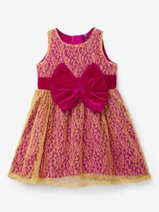 YK Girls Pink & Yellow Fit & Flare Lace Dress with Big Bow
