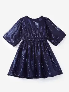 YK Girls Navy Blue Sequin Embellished Fit & Flare Partywear Dress
