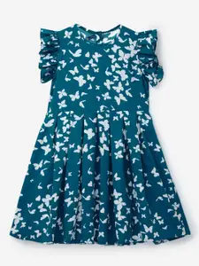 YK Girls Blue Butterfly Printed Ruffled Sleeve Dress