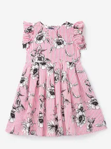YK Girls Pink Stripe & Floral Printed Ruffled Sleeve Dress