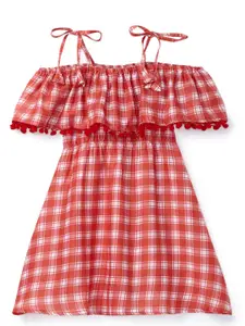 YK Girls Red Pic-Nic Checked Off-Shoulder Fit & Flare Dress