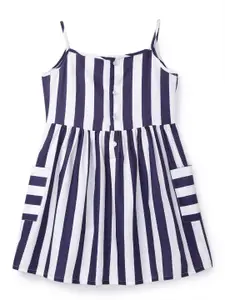 YK Girls White & Blue Striped A-Line Dress with Pockets