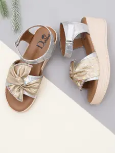 DChica Girls Gold-Toned Textured Party Wedge Sandals with Bows