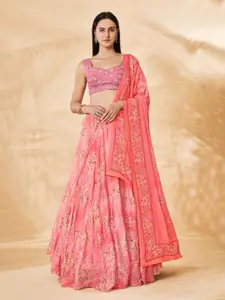 DRESSTIVE Peach-Coloured Embroidered Mirror Work Semi-Stitched Lehenga & Unstitched Blouse With Dupatta