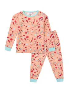 Cub McPaws Girls Peach-Coloured Printed Night suit