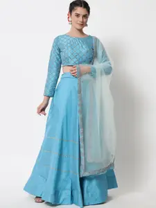 Mitera Turquoise Blue & Gold-Toned Embroidered Sequinned Ready to Wear Lehenga & Unstitched Blouse With
