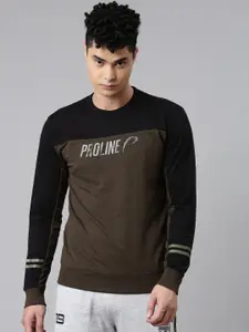 Proline Active Men Black and Olive Colourblocked Sweatshirt