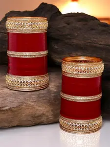 LUCKY JEWELLERY Gold-Toned & Maroon AD Studded Bangles