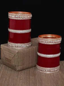 LUCKY JEWELLERY Maroon & White AD Studded Bangles Set
