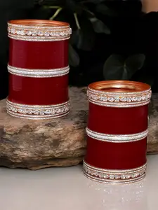 LUCKY JEWELLERY Maroon & White AD Studded Bangles Set