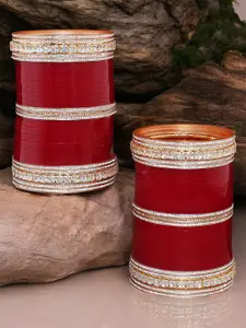 LUCKY JEWELLERY Gold-Plated Red Stone-Studded Chura Bangle Set