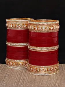 LUCKY JEWELLERY Gold-Plated Red Stone-Studded Chura Bangle Set