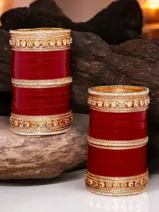 LUCKY JEWELLERY Gold-Plated Red Stone-Studded Chura Bangle Set