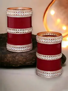 LUCKY JEWELLERY Maroon & White Stone Studded Punjabi Chura Bridal Wedding Bangle Set