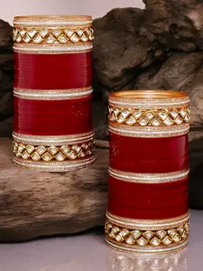 LUCKY JEWELLERY Maroon & White Kundan Studded Punjabi Chura Bridal Wedding Bangle Set